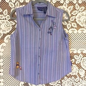 Pooh Sleeveless Embroidered Button Up Top